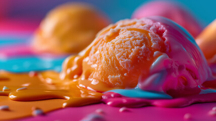Melting ice cream in vibrant colors over neon background, glossy drips and bold shadows, candy dream theme, surreal studio photo