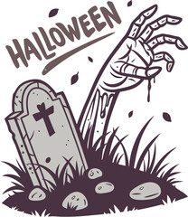 Spooky Halloween Night Zombie Hand Reaching Out From Grave Funny t shirt Design