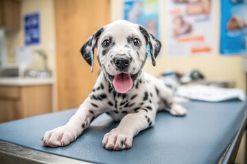 Adorable Dalmatian puppy with joyful expression resting on examination table in veterinary clinic, showcasing playful personality and healthy demeanor