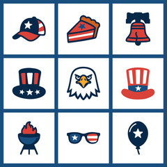 Nine flat-design US Independence Day symbols on a white 3×3 grid: a star-emblazoned cap, pie slice, Liberty Bell, Uncle Sam top hat, bald eagle head, striped top hat, barbecue grill, sunglasses.