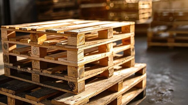 Wooden pallets are stacked in a warehouse filled with natural light. The environment is busy with preparations for shipping products. The organized arrangement highlights efficient logistics