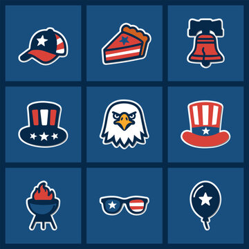 Nine US Independence Day icons in sticker style with white outlines and subtle drop shadows on a navy 3&times;3 grid: star cap, pie slice, Liberty Bell, Uncle Sam top hat, bald eagle head, striped top hat.