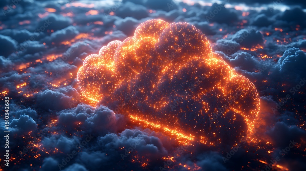 Poster illuminated cloud formation of digital data and glowing lights in a high resolution image