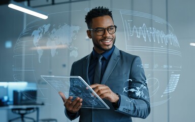 African businessman using digital tablet with financial data and world map overlay.