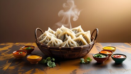 Freshly steamed momos arranged in a bamboo basket with rising steam and vibrant dipping sauces on a wooden table