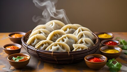 Freshly steamed momos arranged in a bamboo basket with rising steam and vibrant dipping sauces on a wooden table