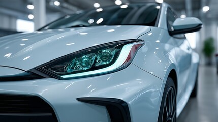 Partial front angle of a hybrid city car in a bright showroom, eco-friendly vibe, minimalist design, smooth contours