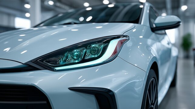 Partial front angle of a hybrid city car in a bright showroom, eco-friendly vibe, minimalist design, smooth contours