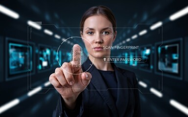 Young woman using fingerprint scan on futuristic interface for security access.