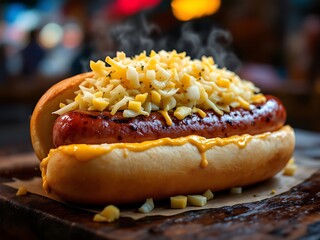 Grilled beef sausage in soft bun, topped with mustard, onions, and sauerkraut. Classic New York street food style in a savory and appetizing presentation
