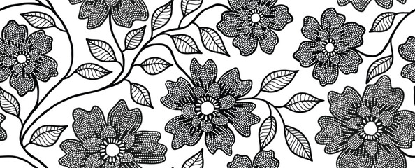 Abstract flower and leaves seamless pattern with dotted style. floral pattern, flower pattern. © andin
