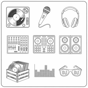 DJ music coloring book black and white icon set: mic, headphones, record player, karaoke, sunglasses, vinyl box, mixer, speakers