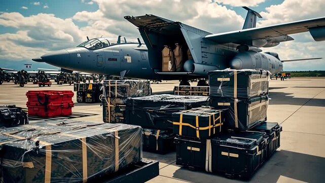 A military cargo aircraft is unloading supplies and equipment on the tarmac during a bright day. Multiple containers are stacked nearby, showcasing an efficient logistics operation
