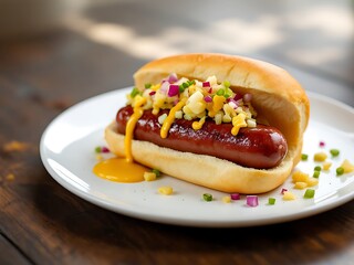 Grilled beef sausage in soft bun, topped with mustard, onions, and sauerkraut. Classic New York street food style in a savory and appetizing presentation