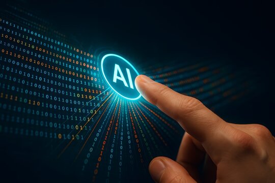 A fingertip presses a glowing oval labelled AI among streaming binary code. Concept of artificial intelligence initiation and digital innovation.