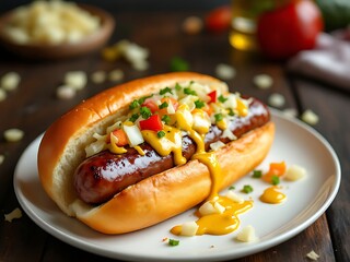 Grilled beef sausage in soft bun, topped with mustard, onions, and sauerkraut. Classic New York street food style in a savory and appetizing presentation