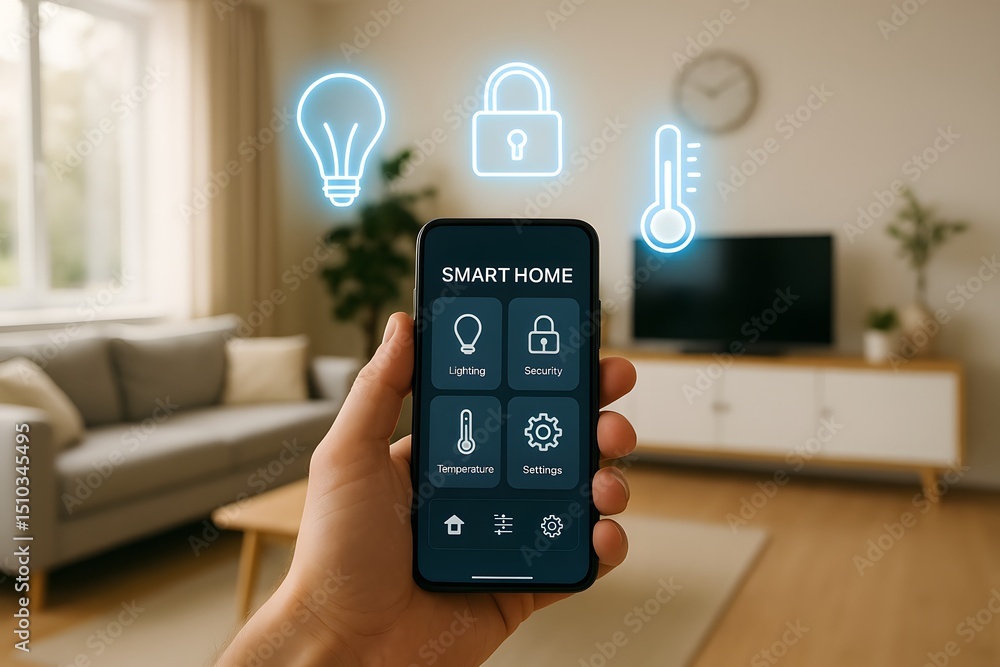 Poster a hand holds a smartphone displaying smart home controls with floating light, lock and thermostat ic