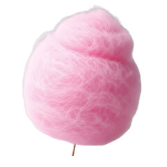 Fluffy pink cotton candy on a stick, isolated on a transparent background, perfect for carnival designs, sweet treat branding, and dessert-themed visuals 