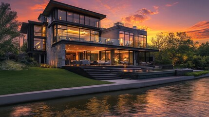 Fototapeta premium Modern luxury waterfront home at sunset.