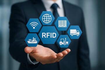 A businessman presents floating hexagons featuring RFID and logistics icons above his open palm. Concept of smart supply chain tracking and asset visibility.