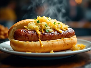 Grilled beef sausage in soft bun, topped with mustard, onions, and sauerkraut. Classic New York street food style in a savory and appetizing presentation