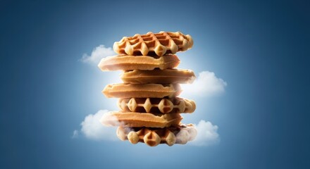 Stack of crisp waffles floating amid soft clouds against blue sky