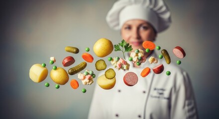 Obraz premium Female chef with floating vegetables and meats in focus