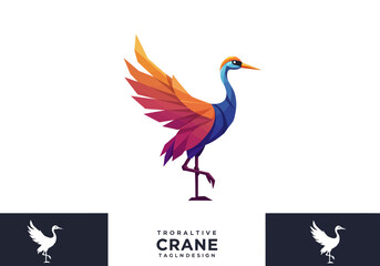 Colorful Geometric Crane Standing on One Leg with Wing Raised