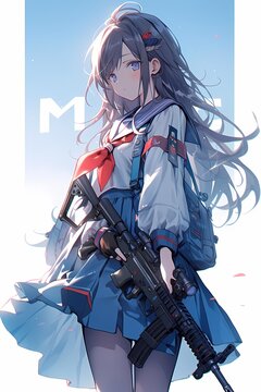 Anime character holding assault rifle against blue sky