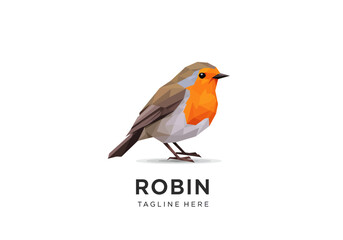 Low Poly European Robin Bird with Orange Breast and Brown Feathers