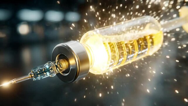 Futuristic Vaccine Injection with Golden Liquid and Sparks: Advanced Medical Technology
