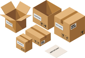 Essential Cardboard Box Set for Shipping, Packaging, and Storage – High-Quality Vector Design for Fragile and Durable Goods on Adobe Stock