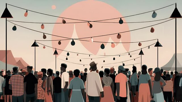 Diverse crowd gathering at dusk warm lights event illustration