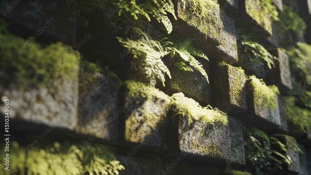 Poster close up view of a section of a finished facade panel covered in moss and fern, highlighting lush th
