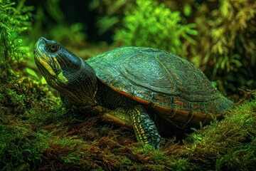 Fototapeta premium Close-Up of a Beautiful Turtle Resting on Mossy Ground Surrounded by Lush Greenery in a Tranquil Aquatic Habitat for Wildlife Enthusiasts and Nature Lovers