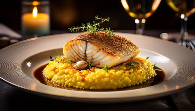 Steinbutt auf Safranrisotto mit Krustentier-Fond