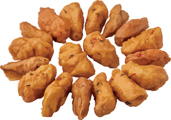 Crispy and delicious fried chicken wings are arranged on a clean white background.