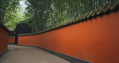 Chengdu, Sichuan, China. Passageway Through Wuhou Shrine Is Flanked On Either Side By Bright Red Walls. Alley With Red Walls To Mausoleum Of Liu Bei