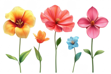 Vibrant collection of five colorful flowers isolated on transparent background