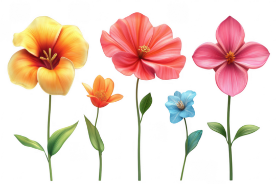 Vibrant collection of five colorful flowers isolated on transparent background - Powered by Adobe