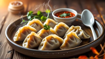 Close-up of juicy chicken momos placed on a rustic ceramic plate with red chili chutney on the side