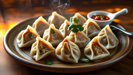 pClose-up of juicy chicken momos placed on a rustic ceramic plate with red chili chutney on the side