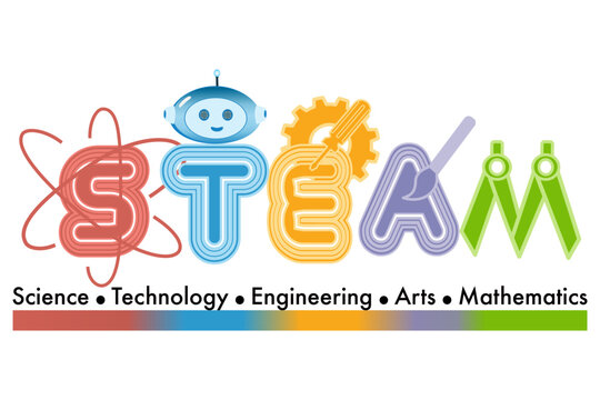 Creative STEAM Typography with Atom, Robot Head, Gear, Paintbrush, and Compass,  Ideal for School Projects, Teaching Resources, and Kids Learning