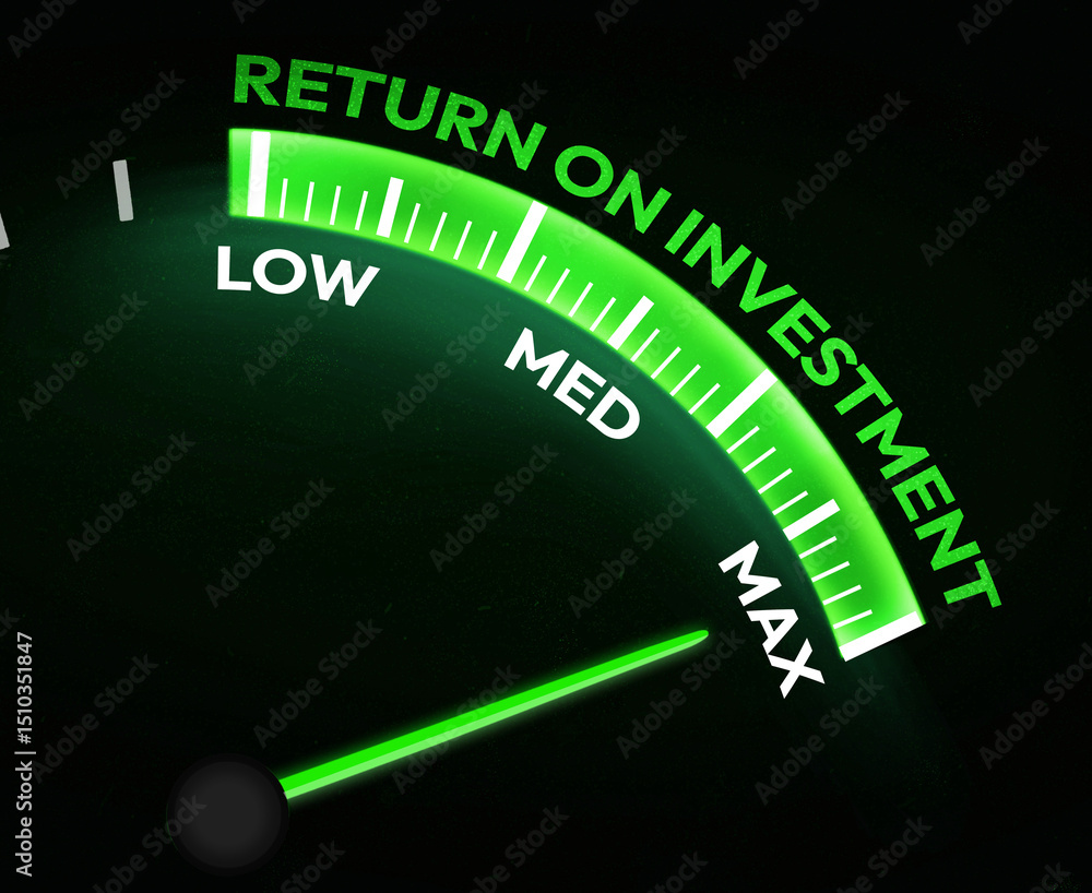 Poster maximum return on investment concept background with green speedometer and needle showing max