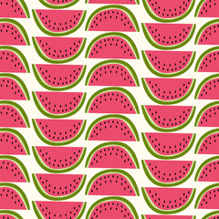 Seamless pattern of watermelon slices on a background with stripes. Design for mother’s day, spring and summer celebration, scrap booking, greeting card, seasonal invitation, textile, decoration.