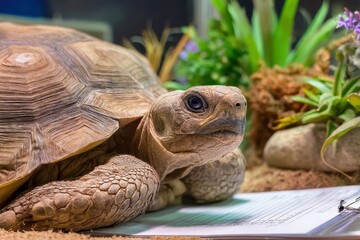 Close-Up of a Tortoise Relaxing on a Sheet of Paper Surrounded by Lush Greenery and Natural Elements, Emphasizing the Calmness of Nature and Wildlife Photography