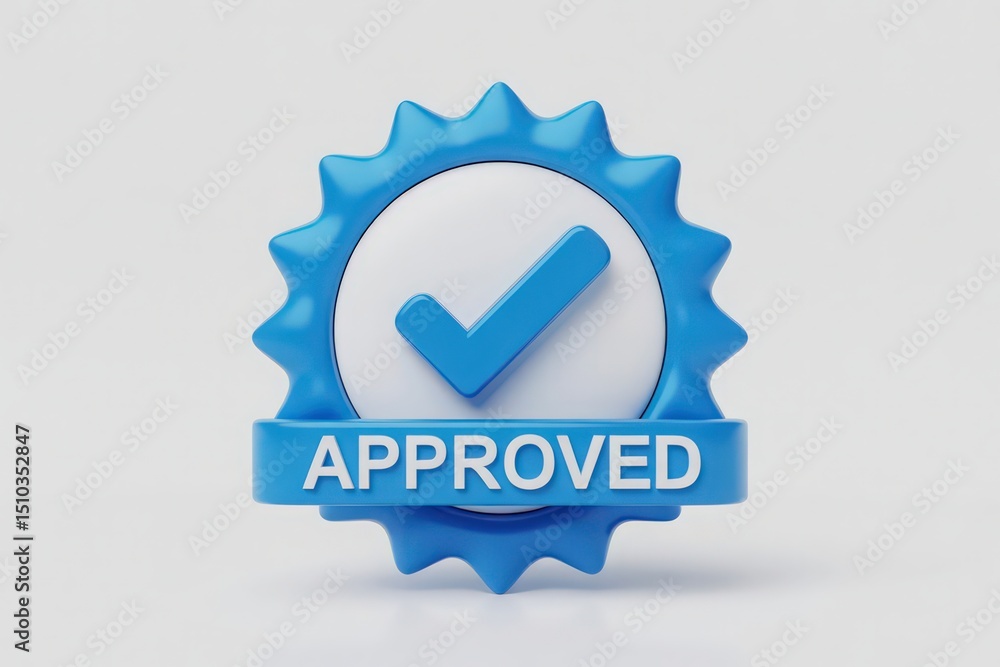 Poster blue approved badge with check mark symbolizing quality assurance and validation on a clean white ba