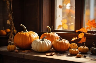 Autumn Harvest Still Life: Pumpkins, Thanksgiving Photo & Warm Light