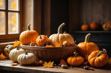 Autumn Harvest Still Life: Pumpkins, Thanksgiving Photo & Warm Light