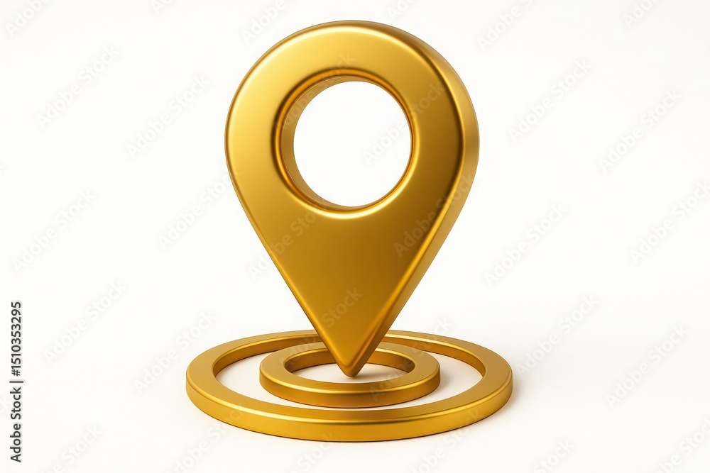 Poster golden location pin icon with circular base on white background for mapping and navigation